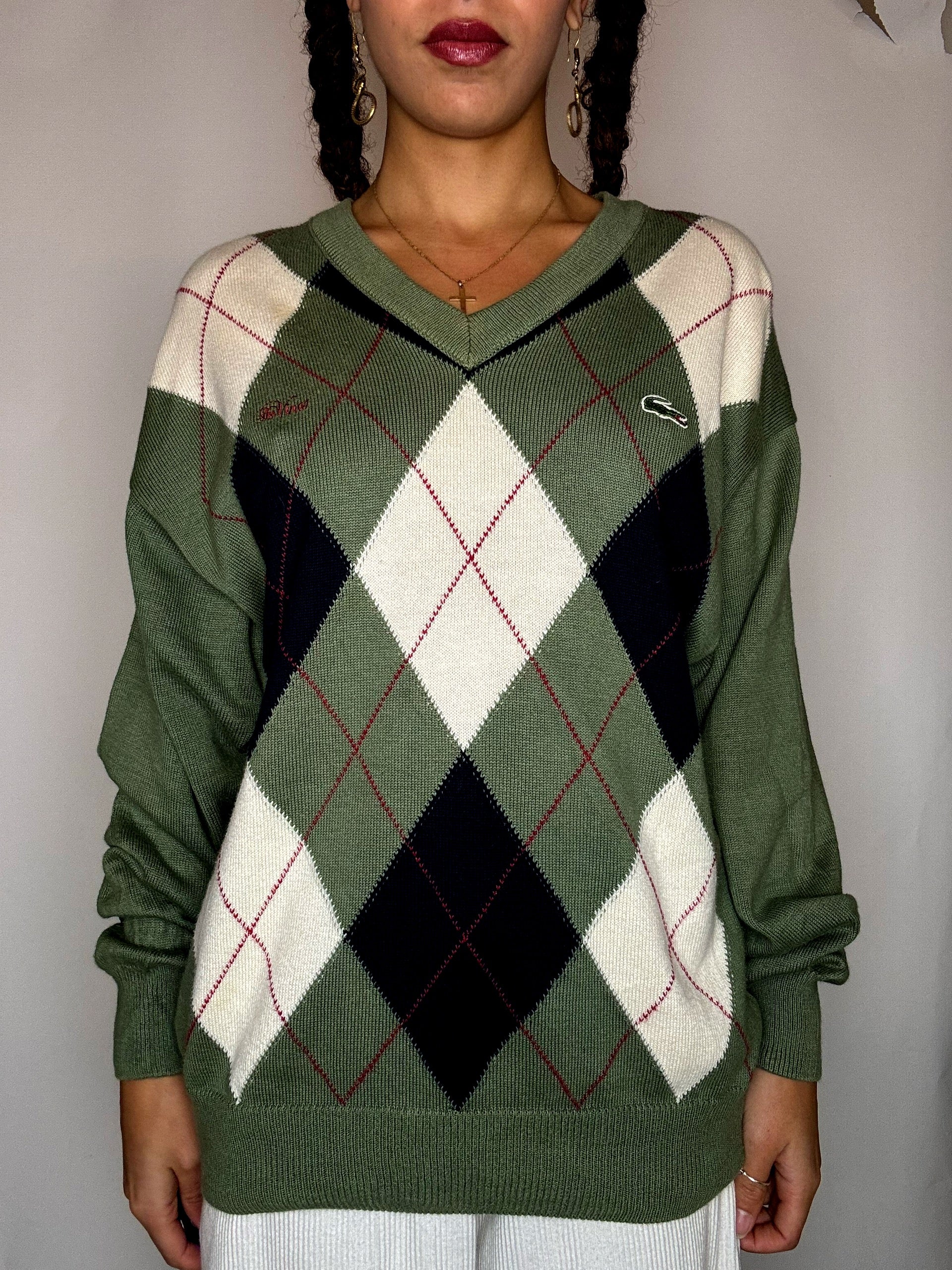 Vintage Khaki-Pullover mit Argyle-Muster von LACOSTE, Größe S/M