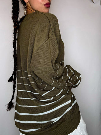 Pull col rond rayé kaki LACOSTE XXL vintage