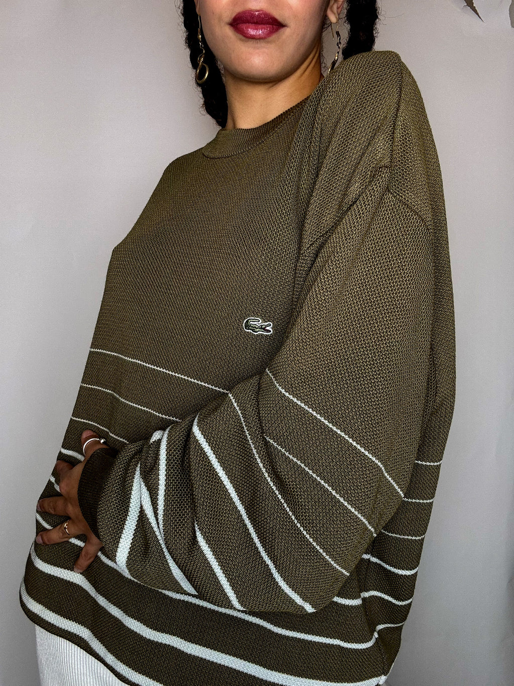 Pull col rond rayé kaki LACOSTE XXL vintage