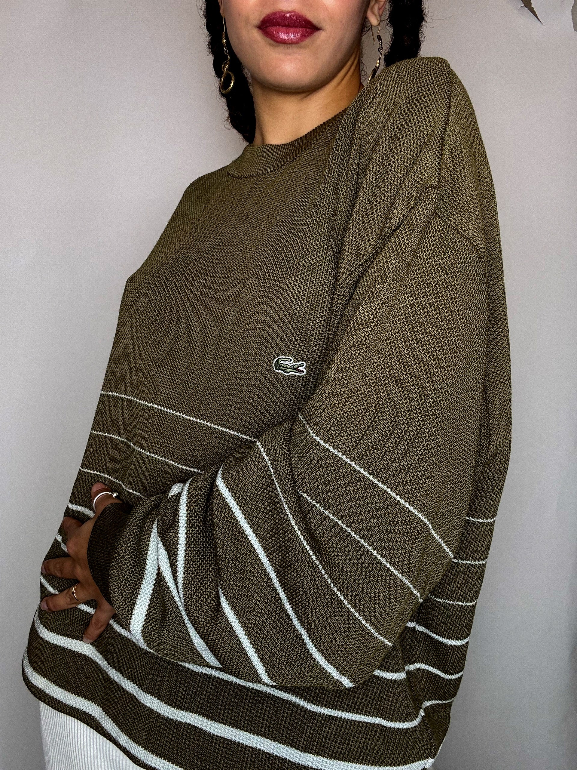 Pull col rond rayé kaki LACOSTE XXL vintage