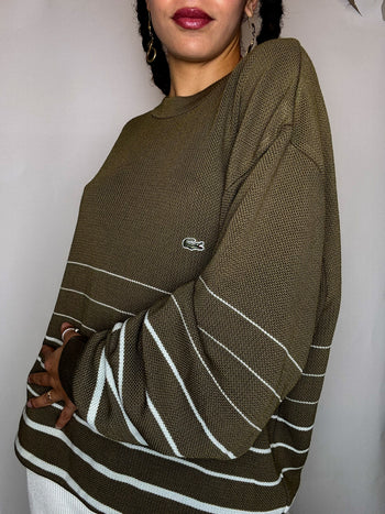 Pull col rond rayé kaki LACOSTE XXL vintage