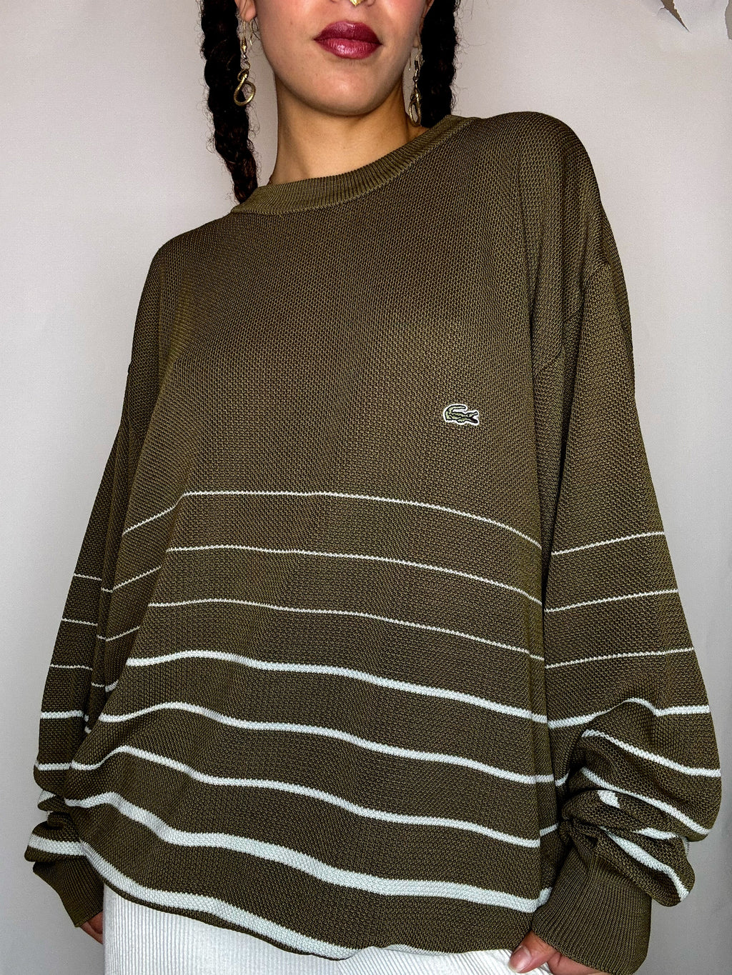 Pull col rond rayé kaki LACOSTE XXL vintage