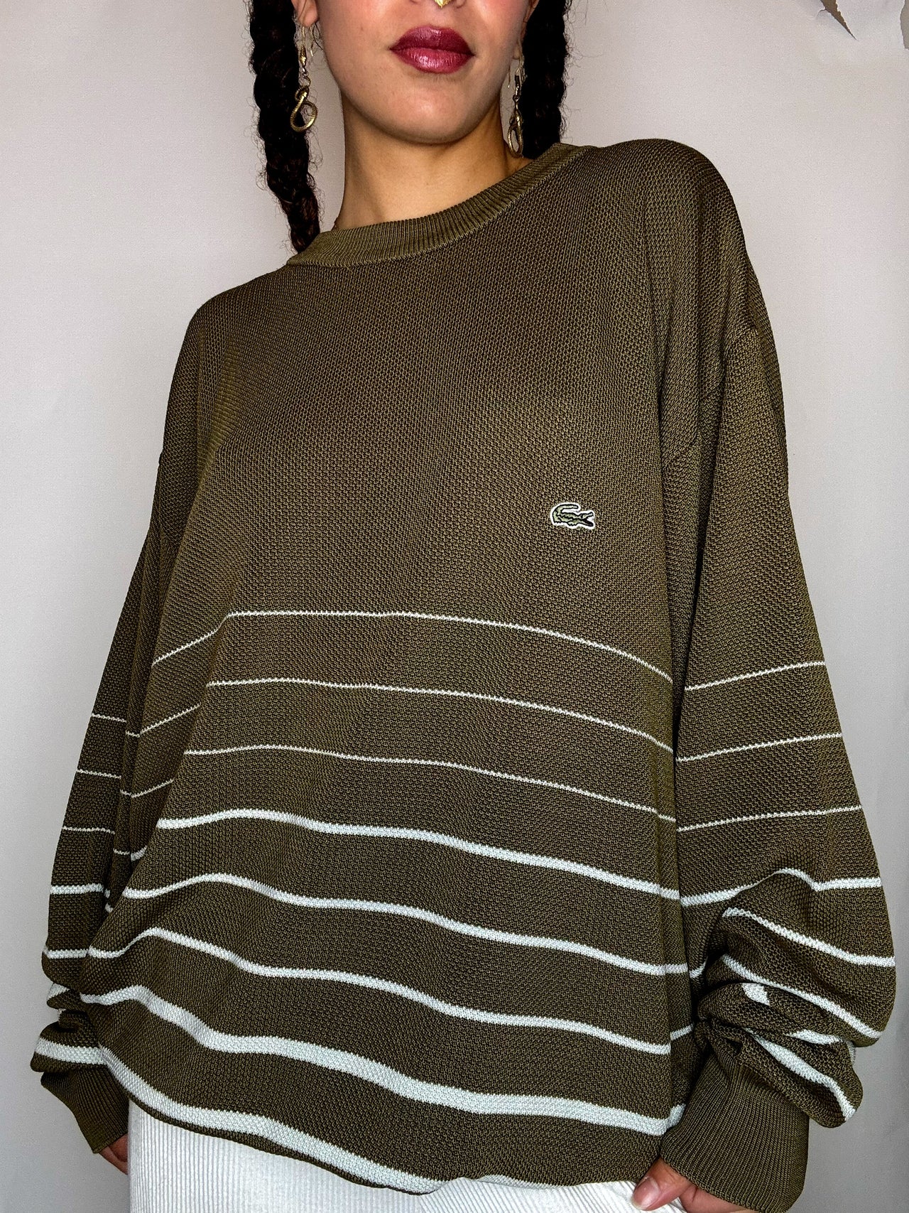 Pull col rond rayé kaki LACOSTE XXL vintage