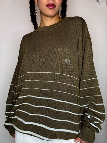 Pull col rond rayé kaki LACOSTE XXL vintage