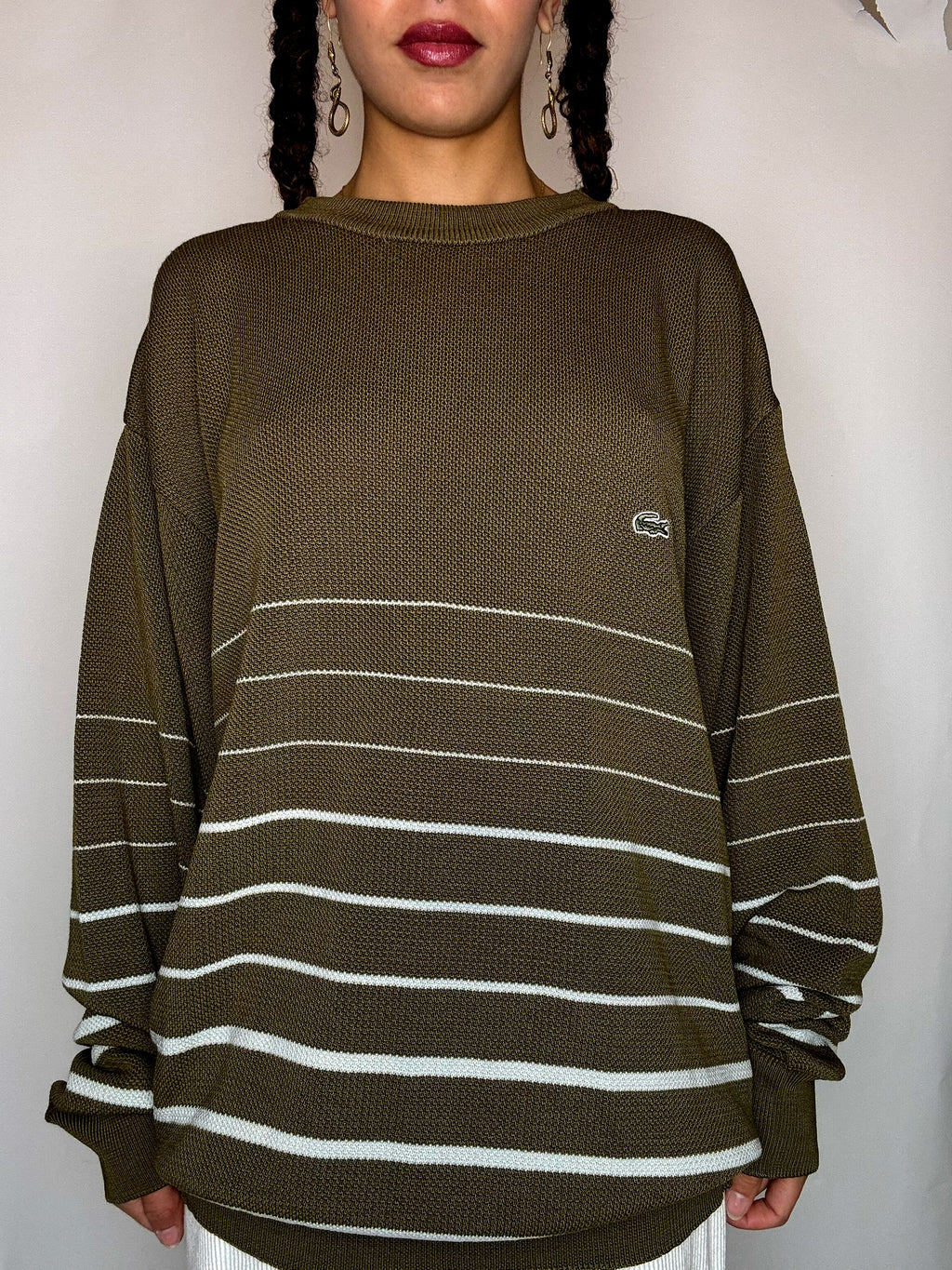 Pull col rond rayé kaki LACOSTE XXL vintage