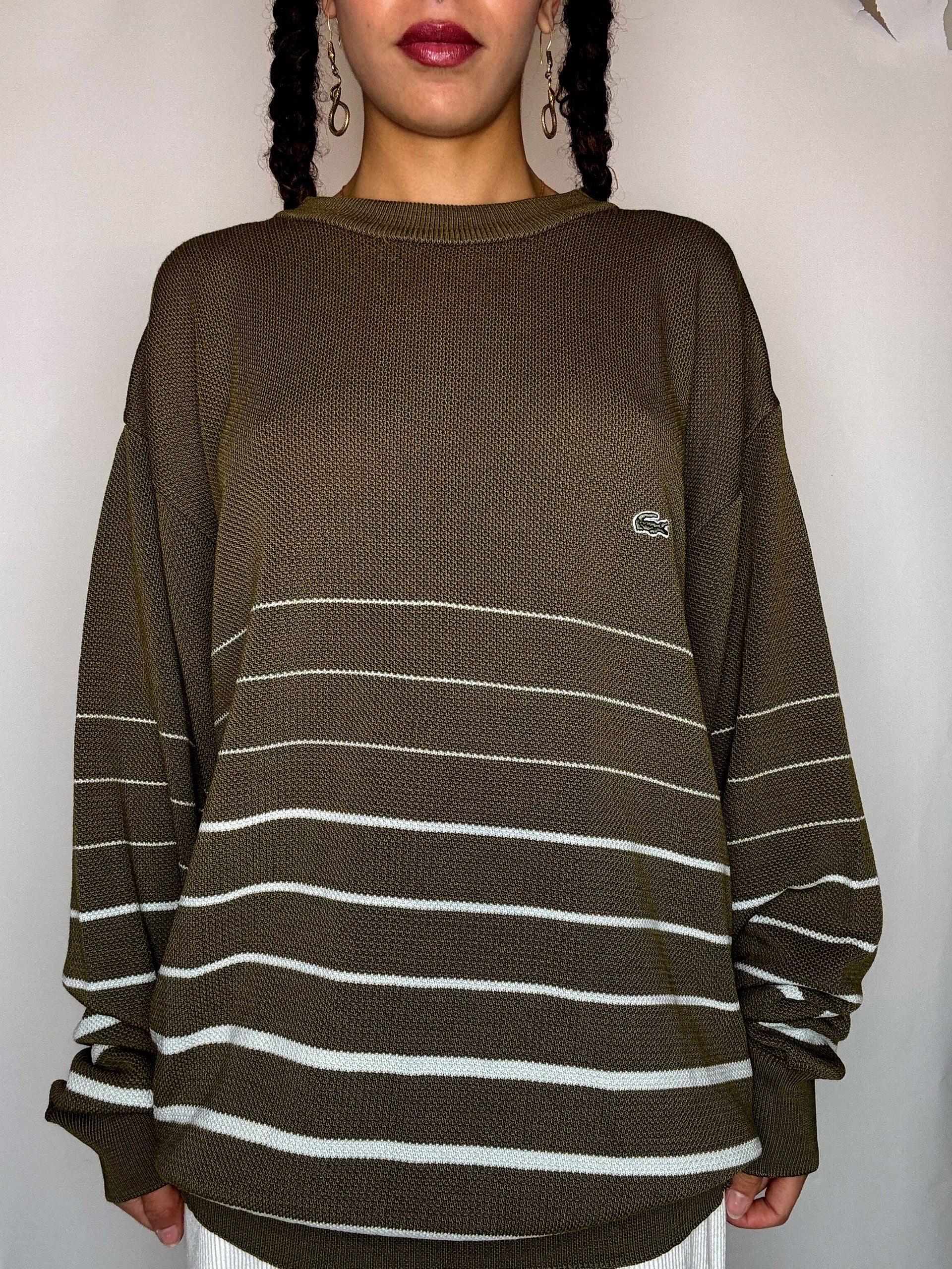 Pull col rond rayé kaki LACOSTE XXL vintage