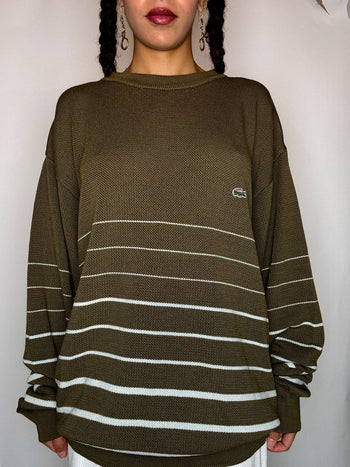 Pull col rond rayé kaki LACOSTE XXL vintage