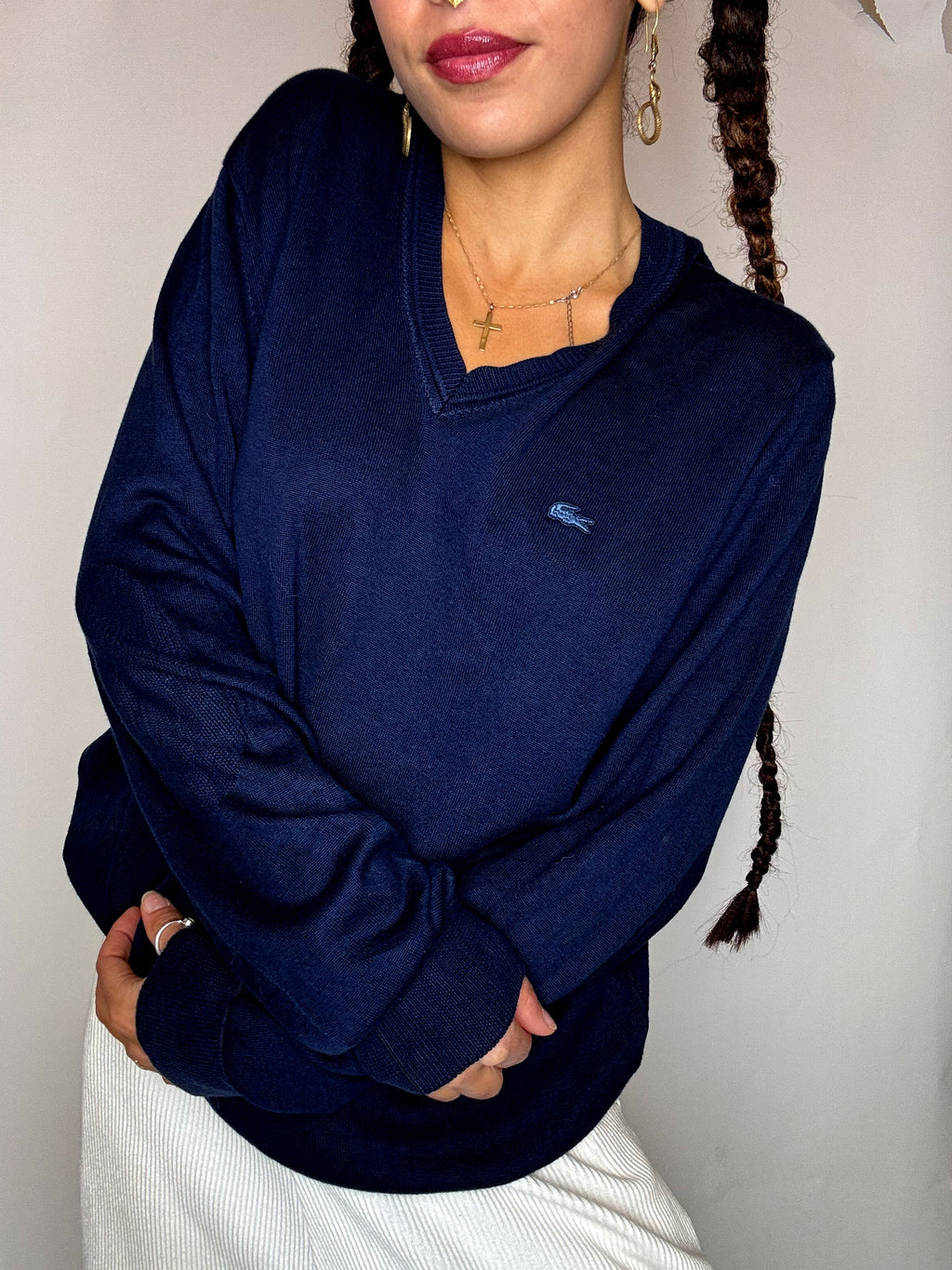 LACOSTE XL Vintage-Pullover mit V-Ausschnitt in Marineblau