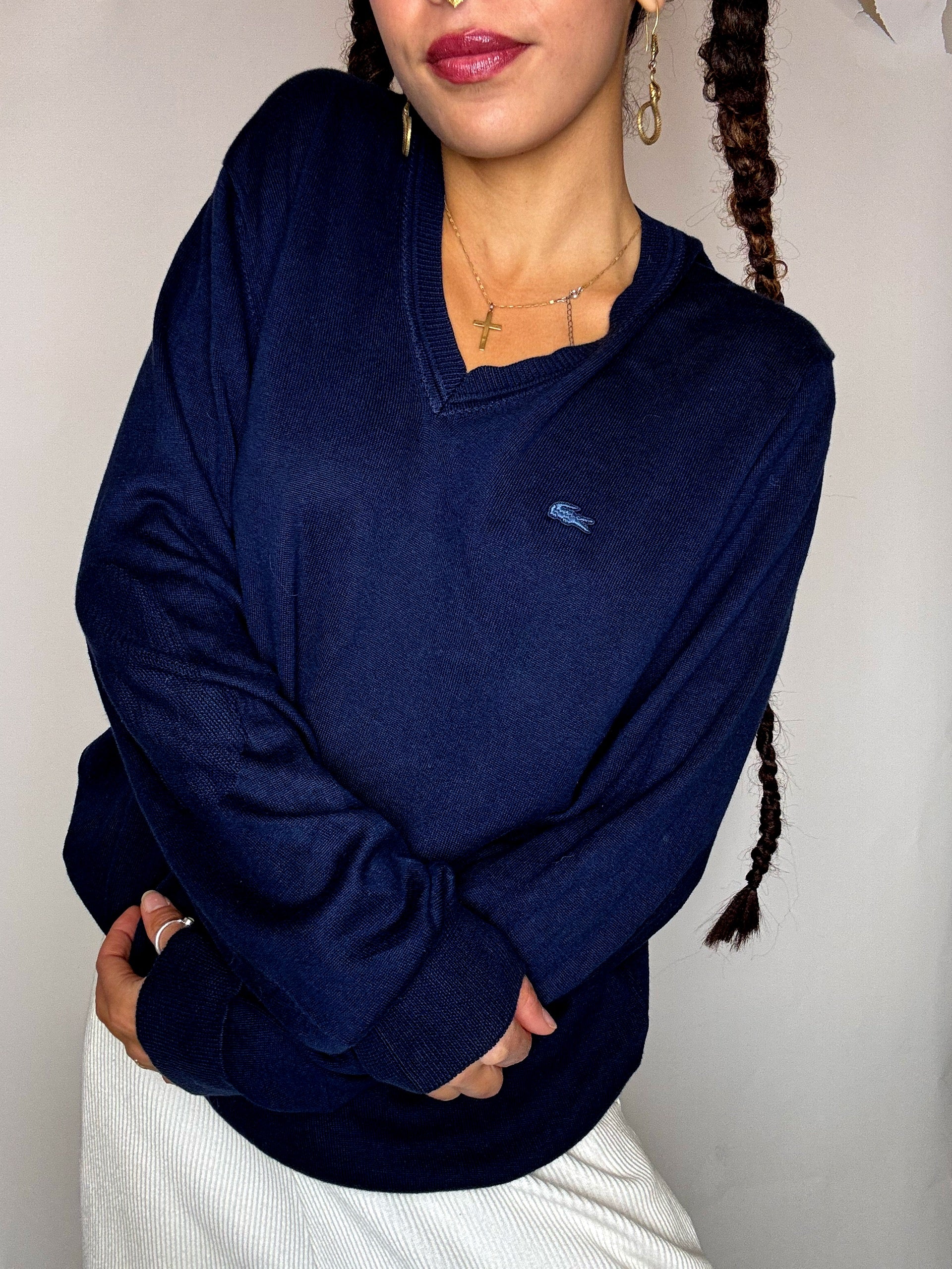 LACOSTE XL Vintage-Pullover mit V-Ausschnitt in Marineblau