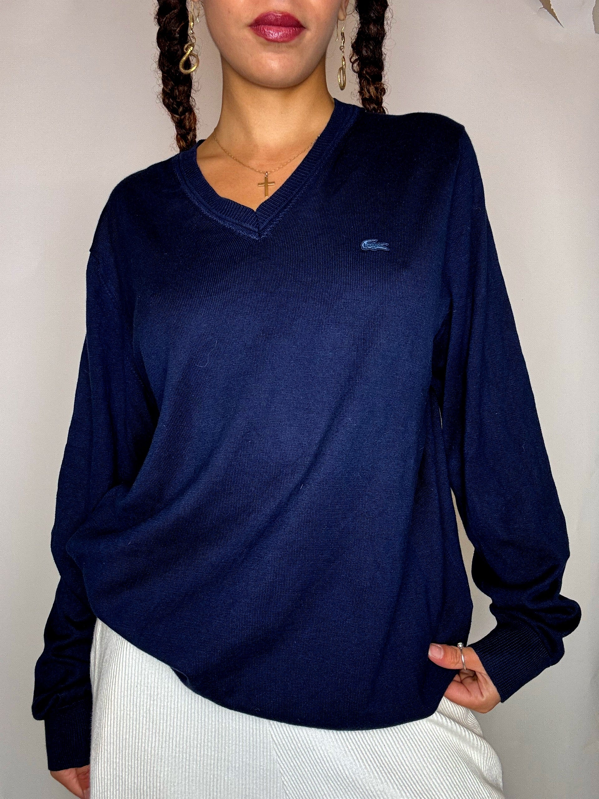 LACOSTE XL Vintage-Pullover mit V-Ausschnitt in Marineblau