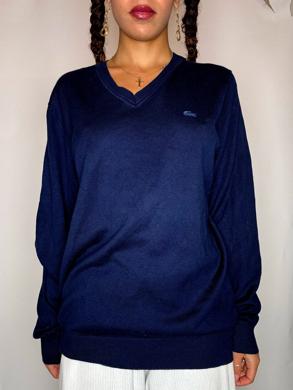 LACOSTE XL Vintage-Pullover mit V-Ausschnitt in Marineblau
