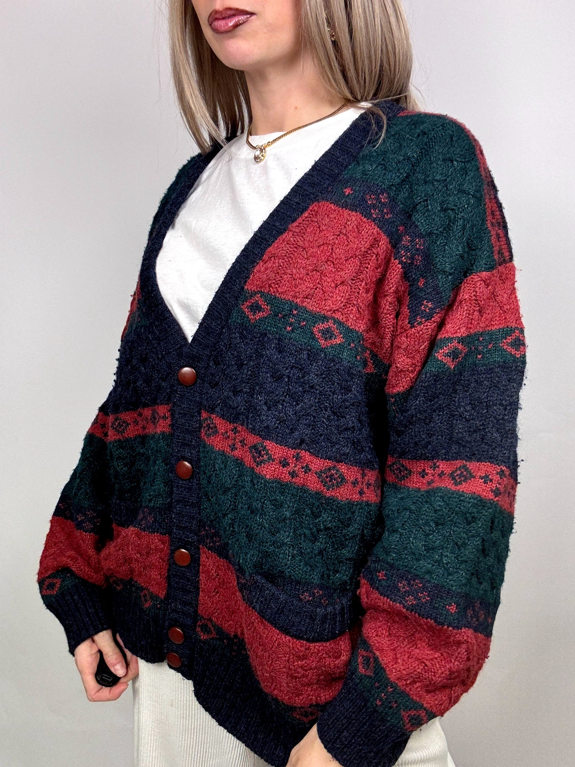 Cardigan en maille à motif L/XL Vintage
