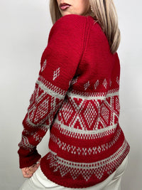 Red knitted Christmas sweater with vintage pattern L/XL