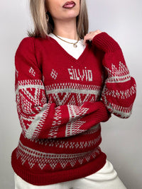 Red knitted Christmas sweater with vintage pattern L/XL