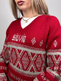 Red knitted Christmas sweater with vintage pattern L/XL