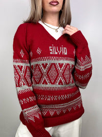 Red knitted Christmas sweater with vintage pattern L/XL