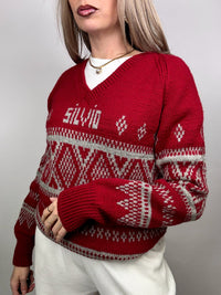 Red knitted Christmas sweater with vintage pattern L/XL