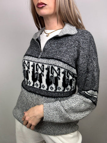 Pull doux gris à motif L/XL vintage