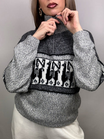 Pull doux gris à motif L/XL vintage