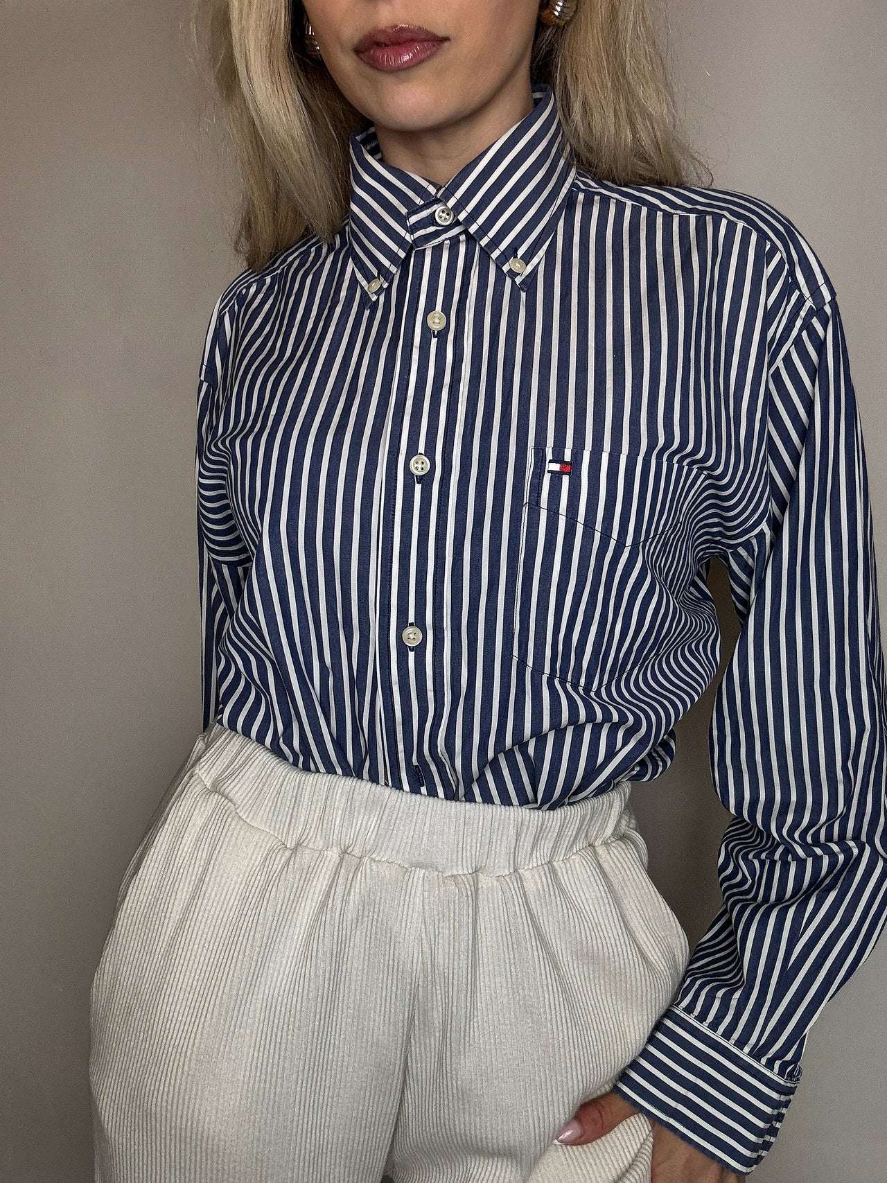 Vintage Navy and White Striped Shirt L/XL 