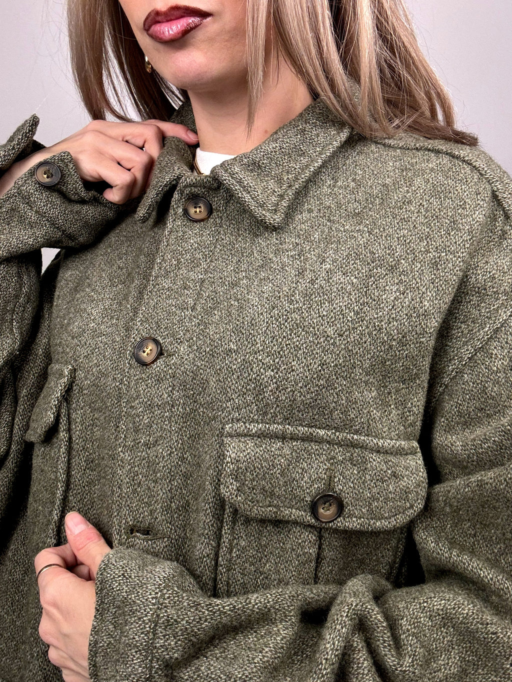 Vintage XL meliert grün kurzer Wollmantel