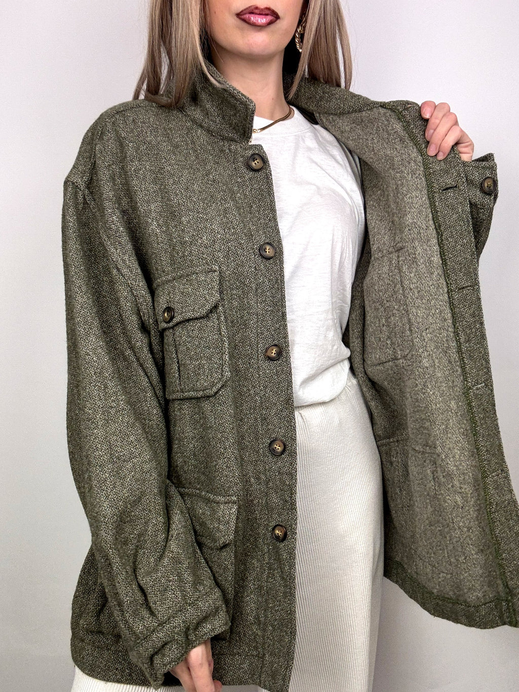 Vintage XL meliert grün kurzer Wollmantel