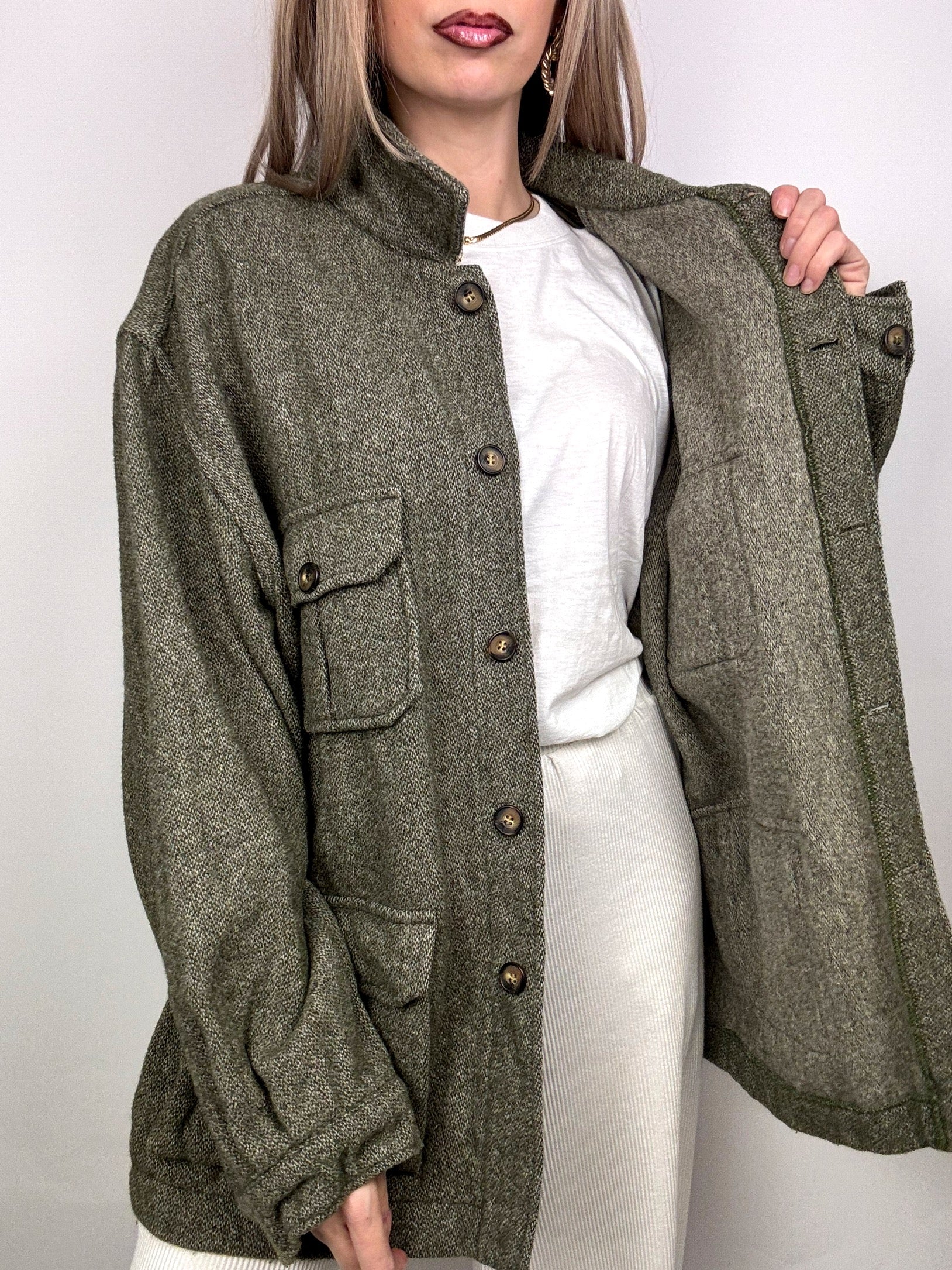 Vintage XL meliert grün kurzer Wollmantel