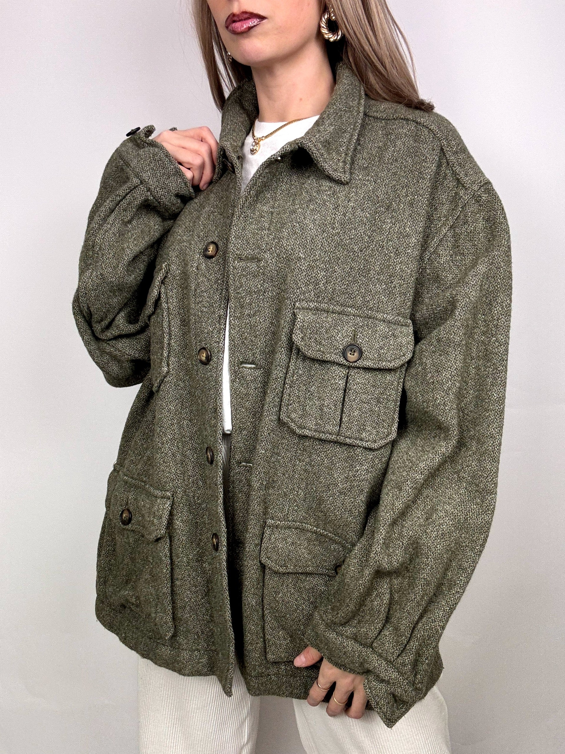 Vintage XL meliert grün kurzer Wollmantel