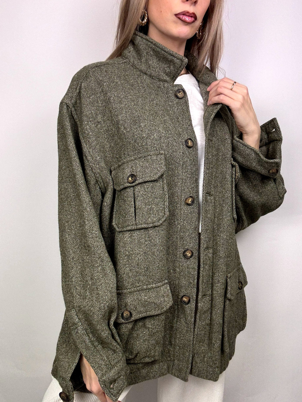 Vintage XL meliert grün kurzer Wollmantel