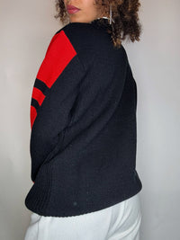 Pull col rond noir et rouge ANZI BESSONS M vintage