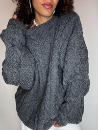 Pull col rond en maille tressée gris XL vintage