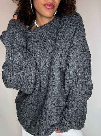Pull col rond en maille tressée gris XL vintage