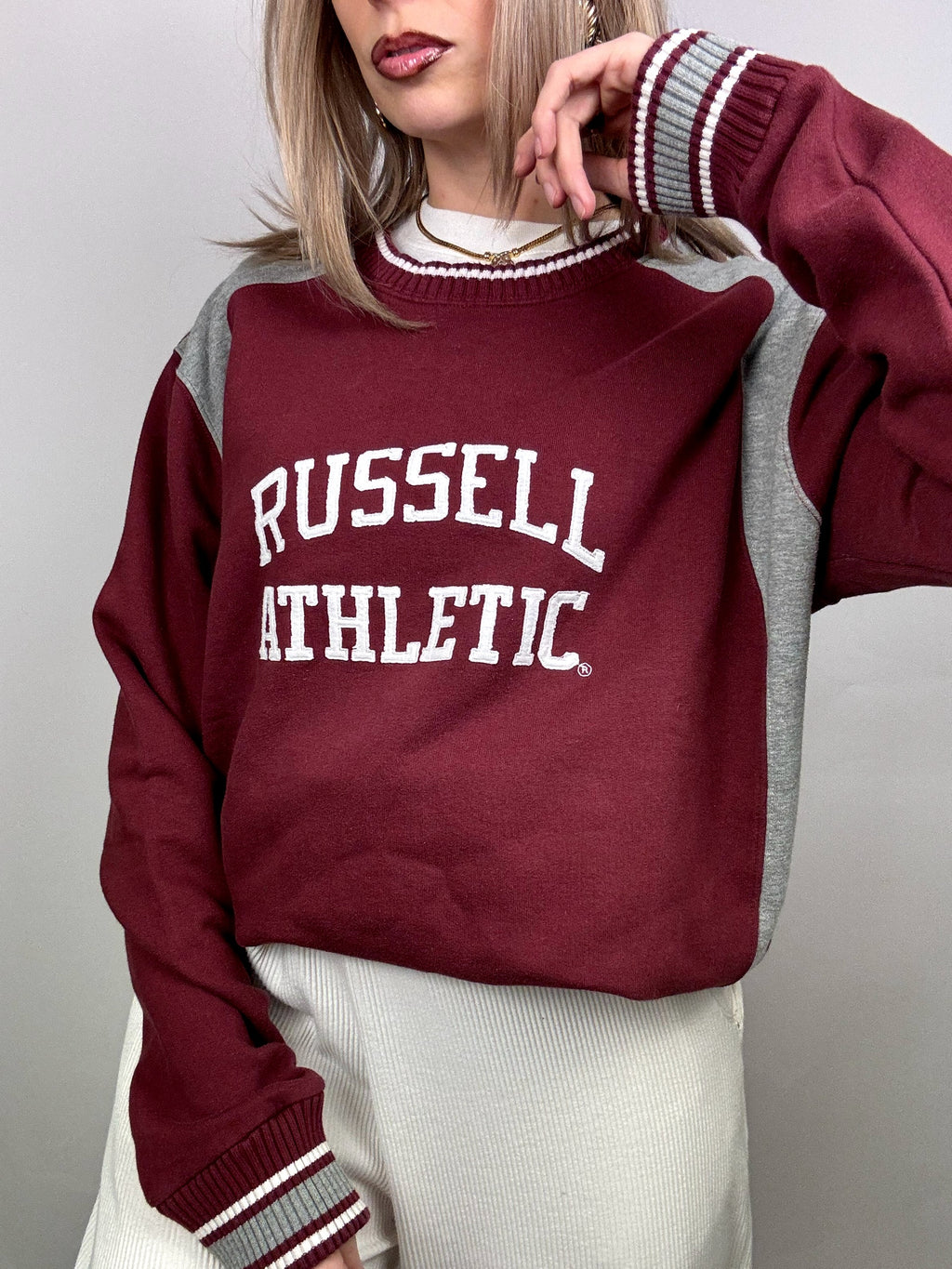 Vintage Burgunder und Grau Rundhals Sweatshirt L