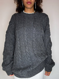 Pull col rond en maille tressée gris XL vintage