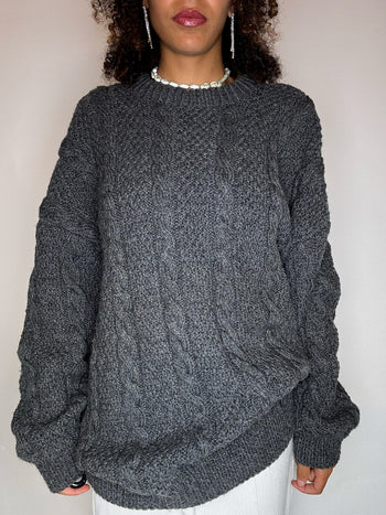Pull col rond en maille tressée gris XL vintage