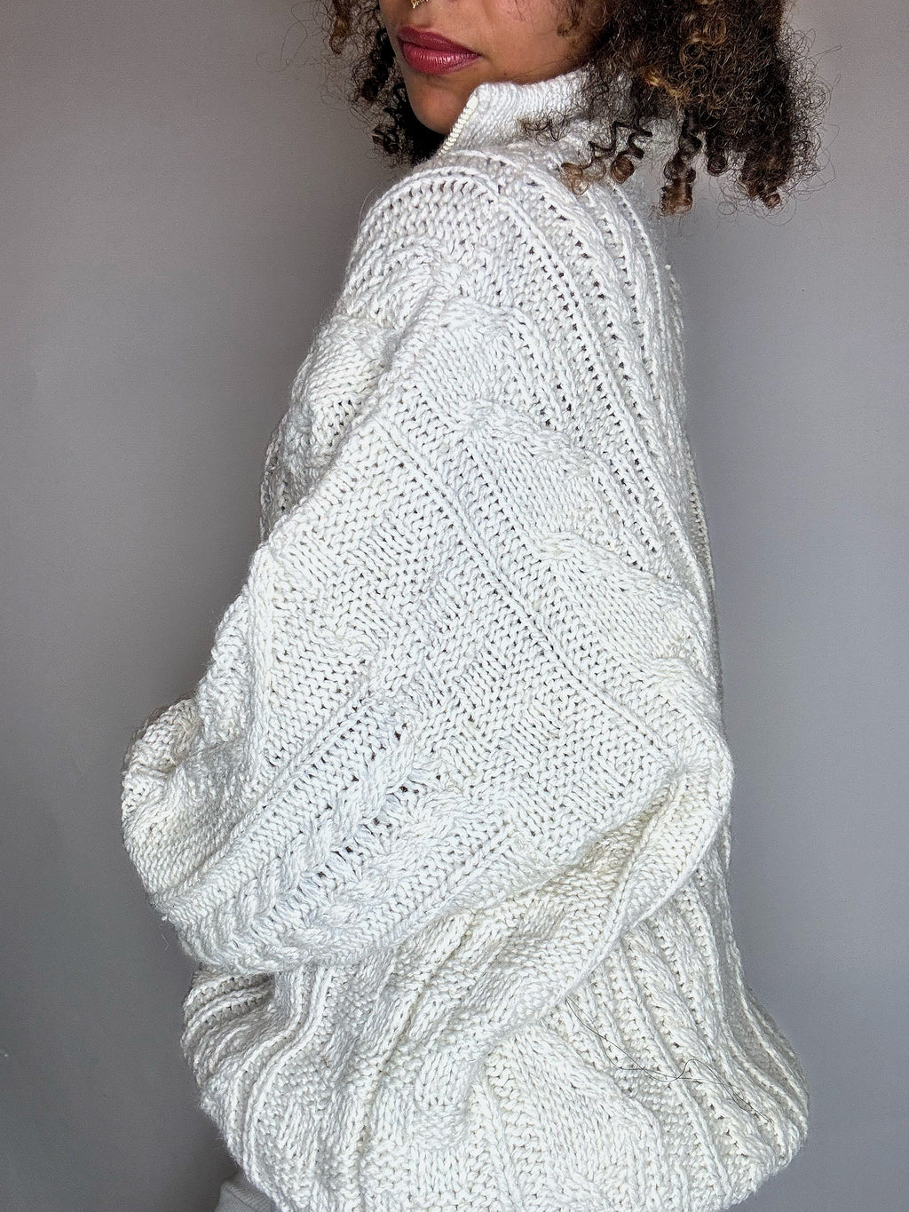 Pull col cheminée en maille tressée beige XL vintage