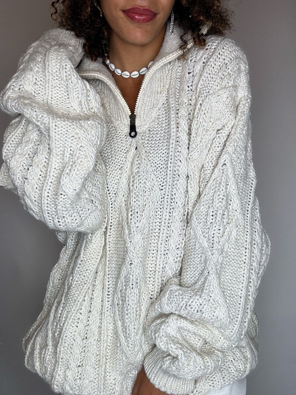 Pull col cheminée en maille tressée beige XL vintage