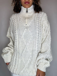 Pull col cheminée en maille tressée beige XL vintage