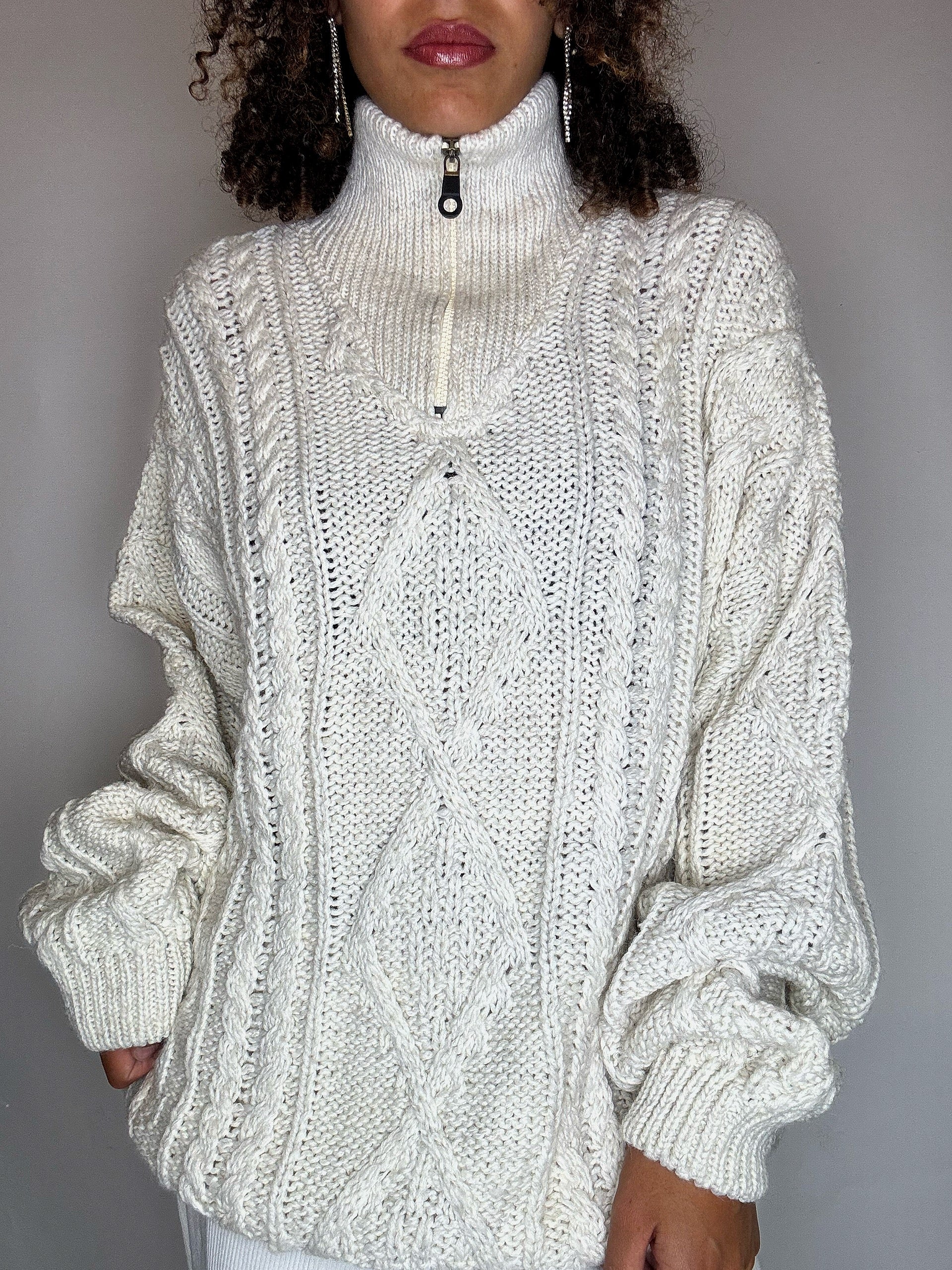 Pull col cheminée en maille tressée beige XL vintage