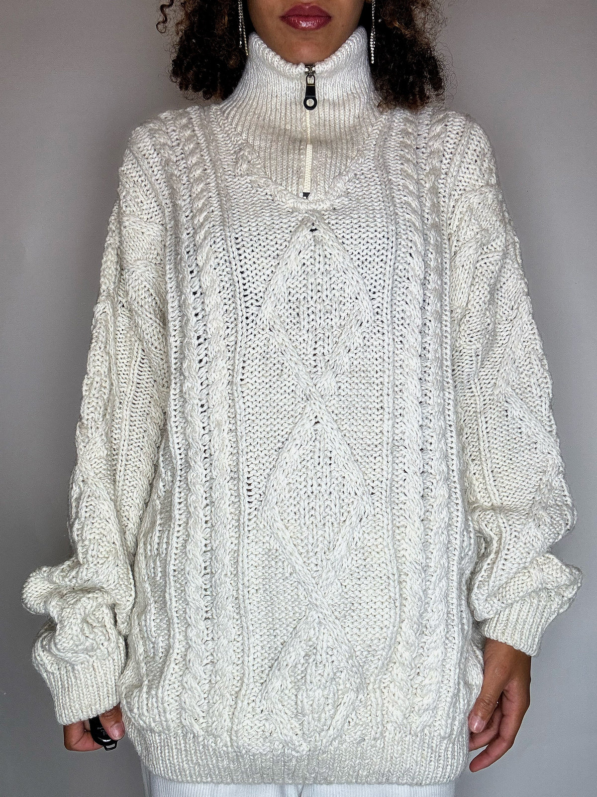 Pull col cheminée en maille tressée beige XL vintage