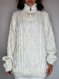 Pull col cheminée en maille tressée beige XL vintage