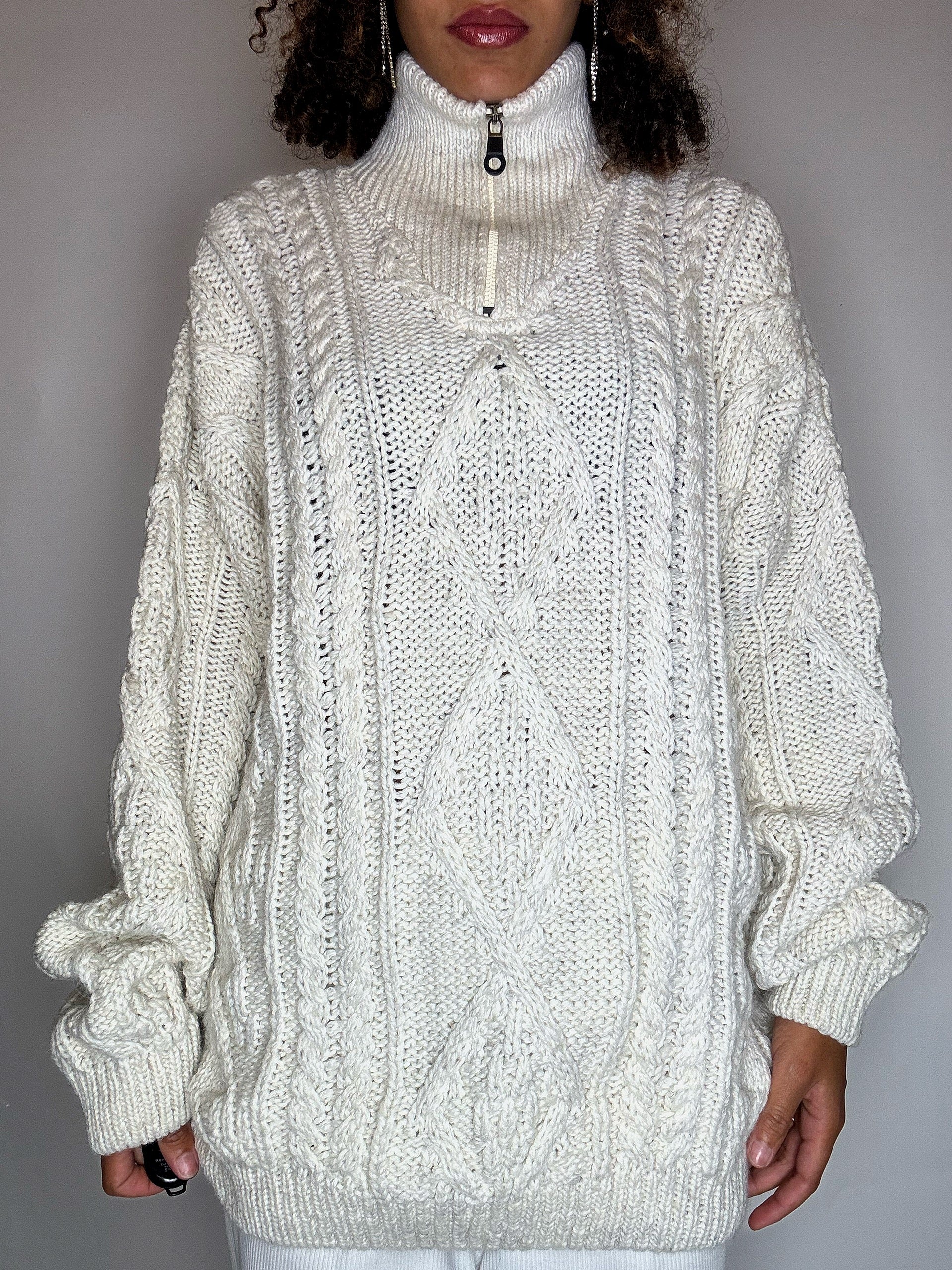 Pull col cheminée en maille tressée beige XL vintage
