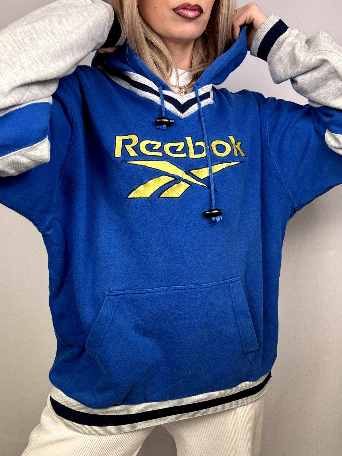 Sweat à capuche bleu et gris REEBOK L/XL vintage