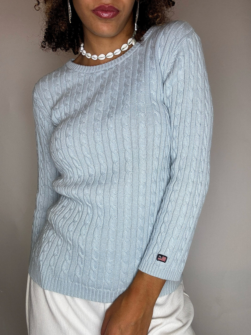 Pull en maille tressé bleu RALPH LAUREN M vintage