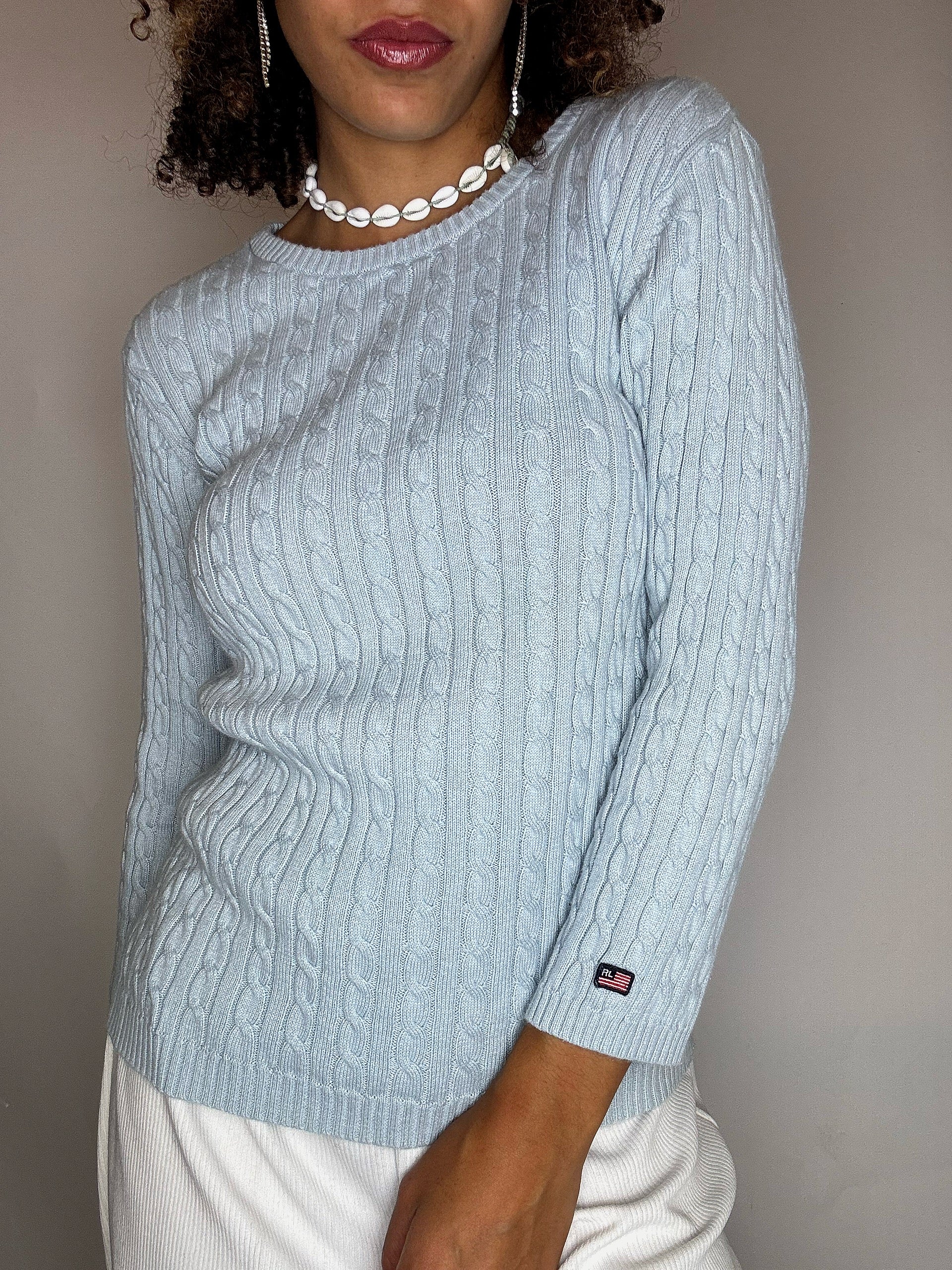 Pull en maille tressé bleu RALPH LAUREN M vintage