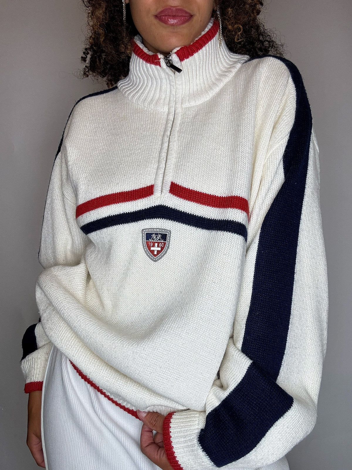 Pull col cheminée tricolore brodé L vintage