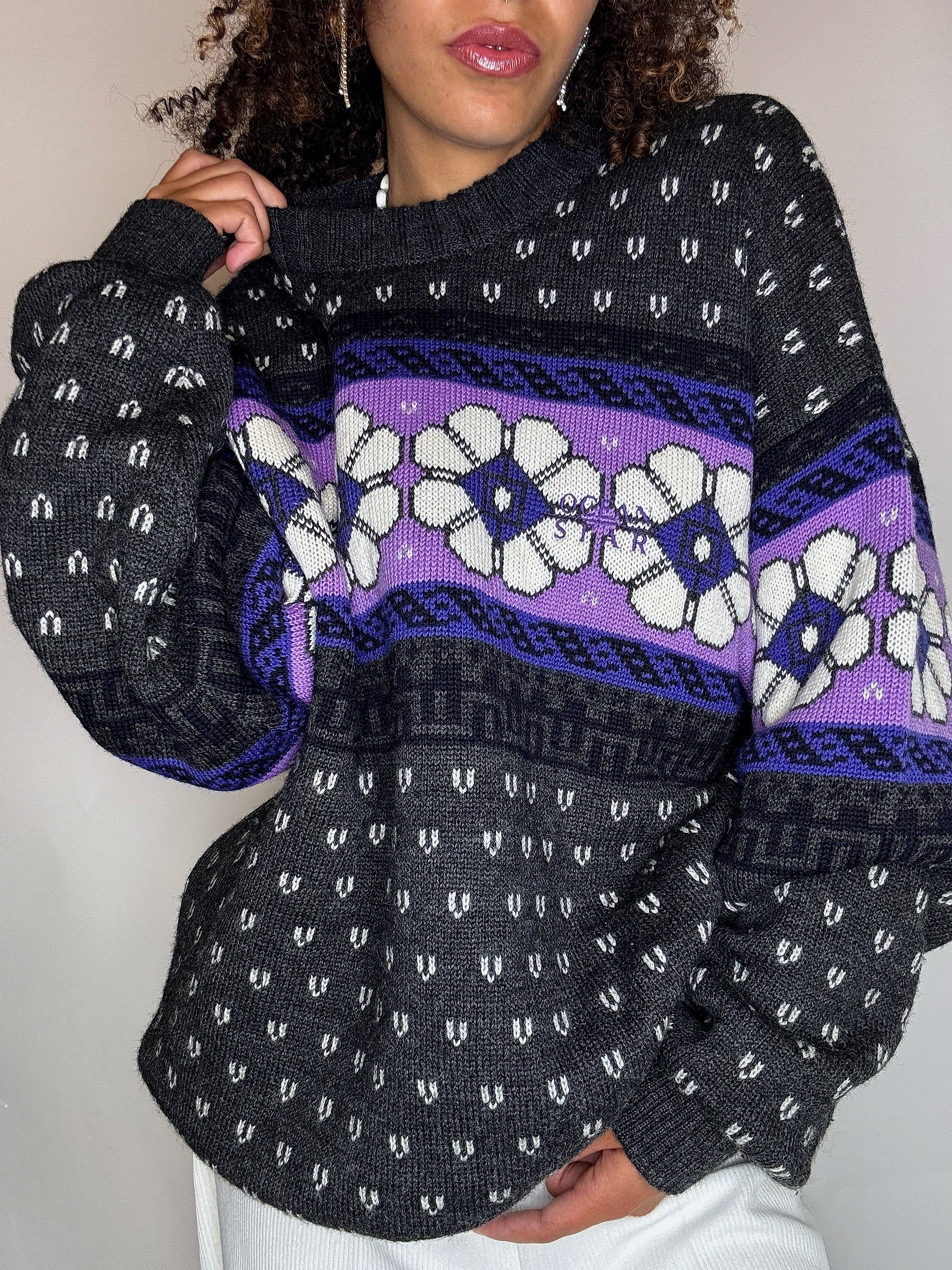 Pull col rond à motif XL vintage