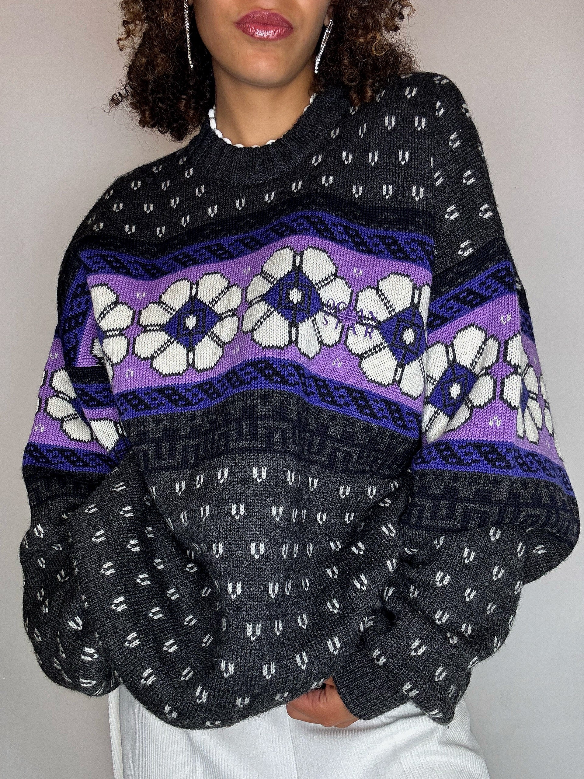 Pull col rond à motif XL vintage