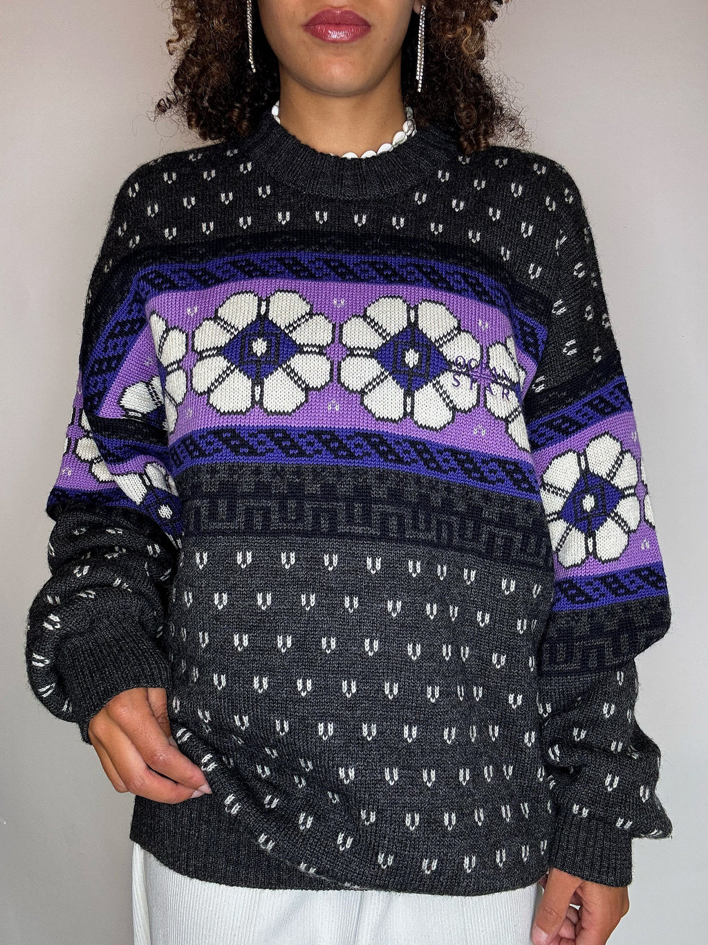 Pull col rond à motif XL vintage