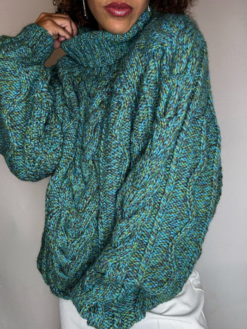 Pull à col roulé tricoté teinte de bleu XL vintage